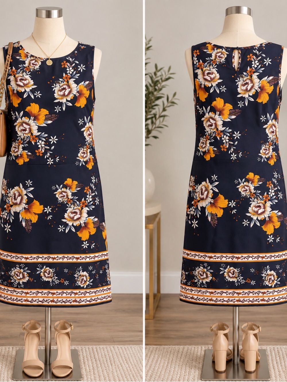 SHEIN Navy Floral Border Print Sleeveless Shift Dress Size L